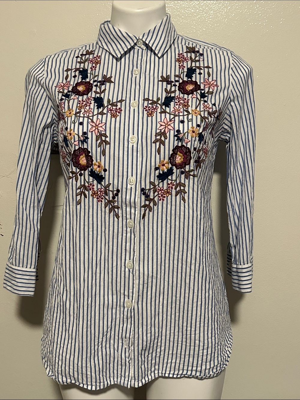 croft & barrow Blue & White Striped Button-Down with Floral Embroidery